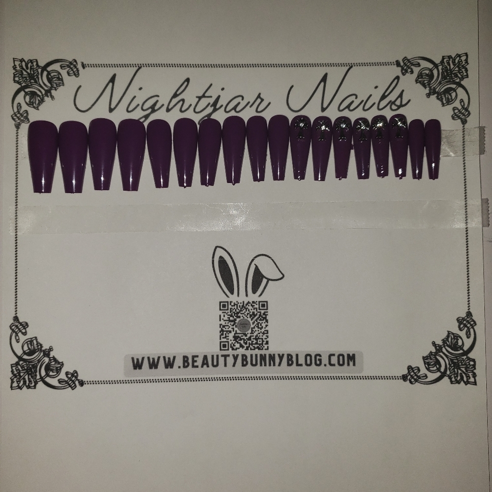 Fake Press-on Nails Purple with Cross and Rhinestone Sparkle